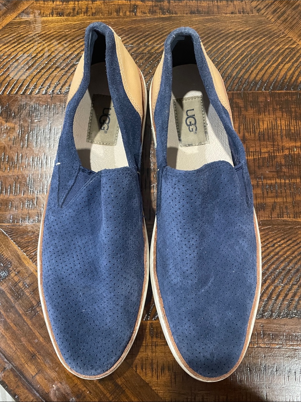 UGG Navy Suede Slip-On Loafers with Tan Heel Panels